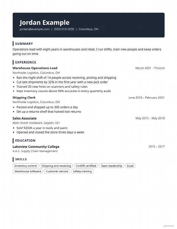 The Banner resume template, filled in with a sample resume