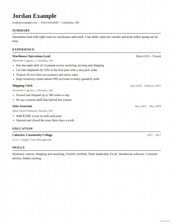 The Classic resume template, filled in with a sample resume
