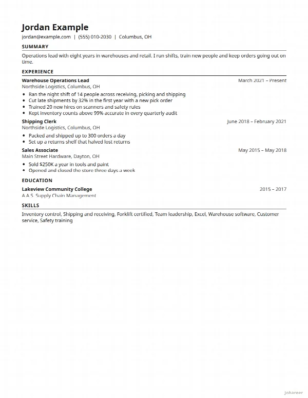 The Compact resume template, filled in with a sample resume