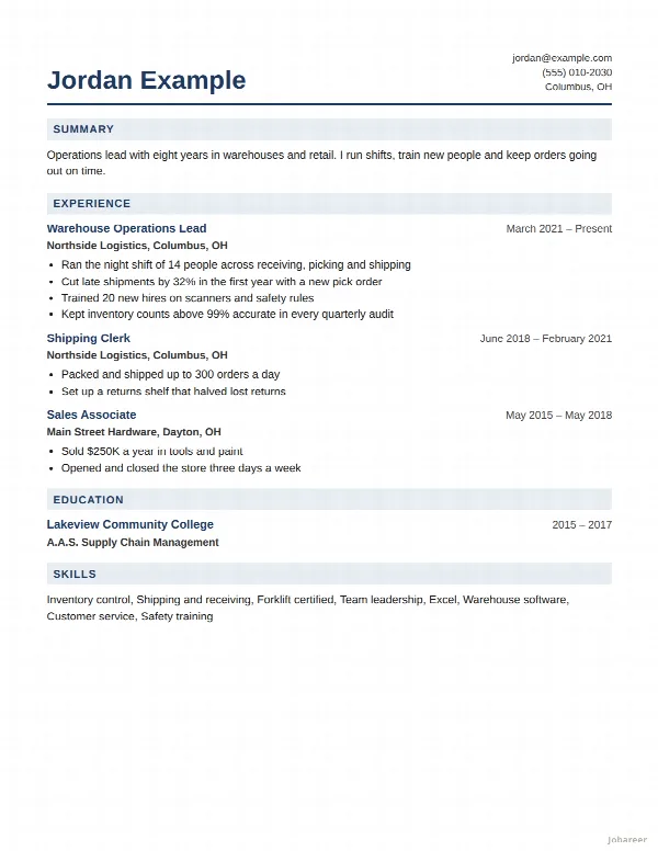 The Corporate resume template, filled in with a sample resume