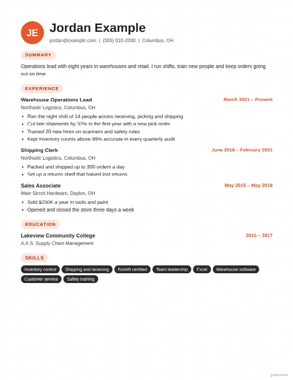 The Creative resume template, filled in with a sample resume