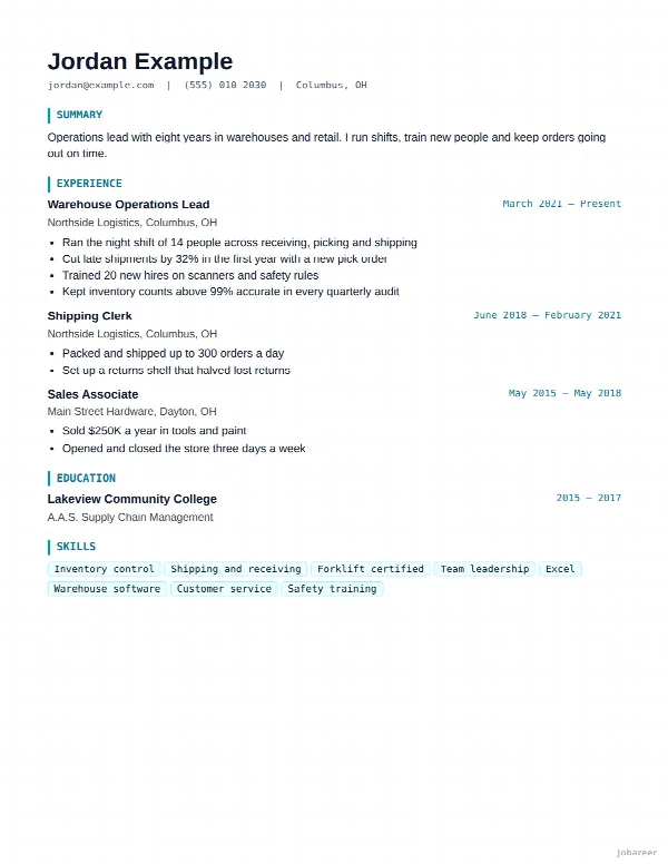 The Developer resume template, filled in with a sample resume