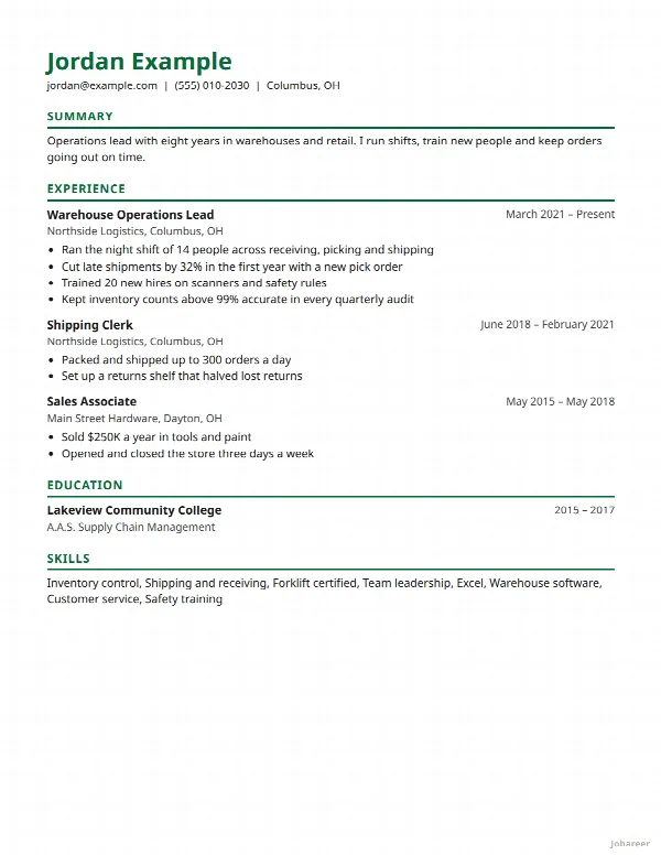 The Modern resume template, filled in with a sample resume