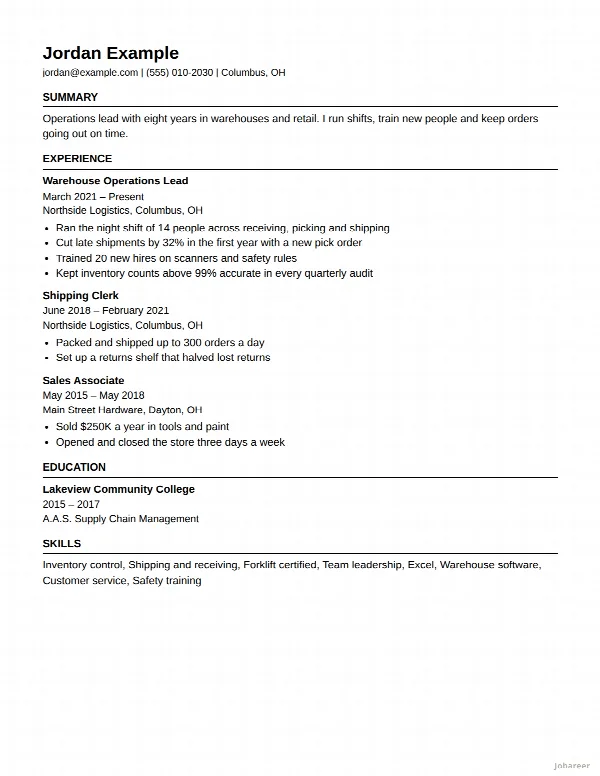 The Plain Text resume template, filled in with a sample resume