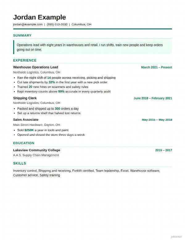 The Results resume template, filled in with a sample resume