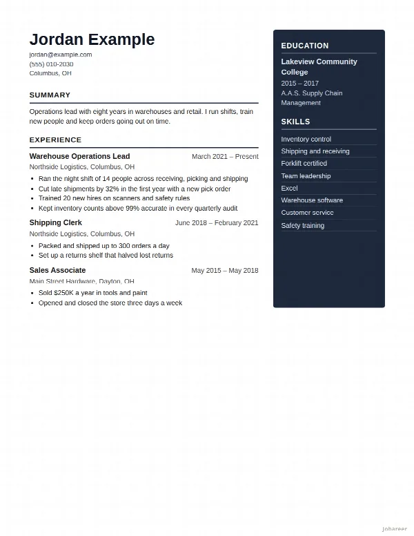 The Two Column resume template, filled in with a sample resume