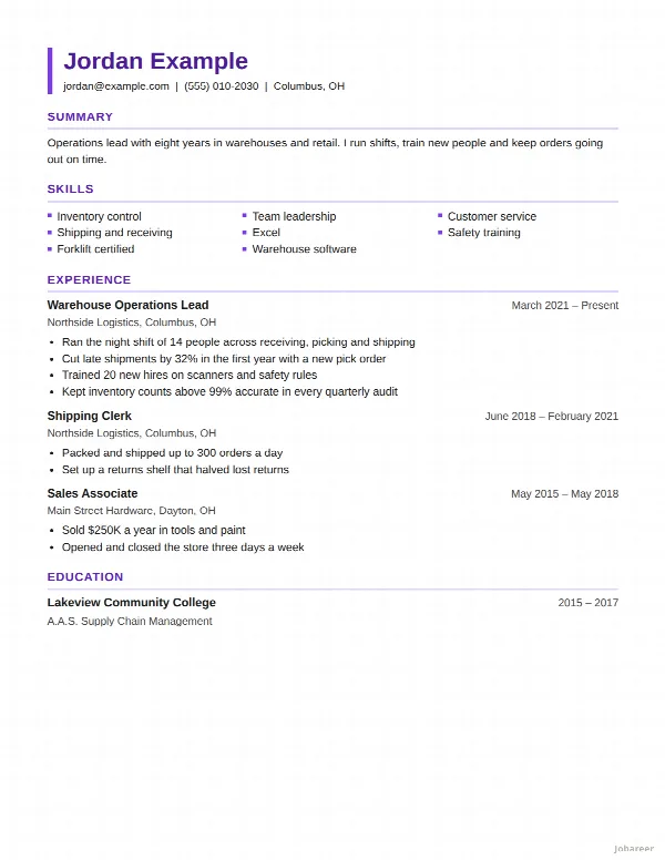 The Skills First resume template, filled in with a sample resume