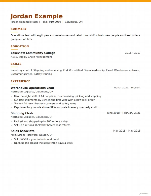 The First Job resume template, filled in with a sample resume