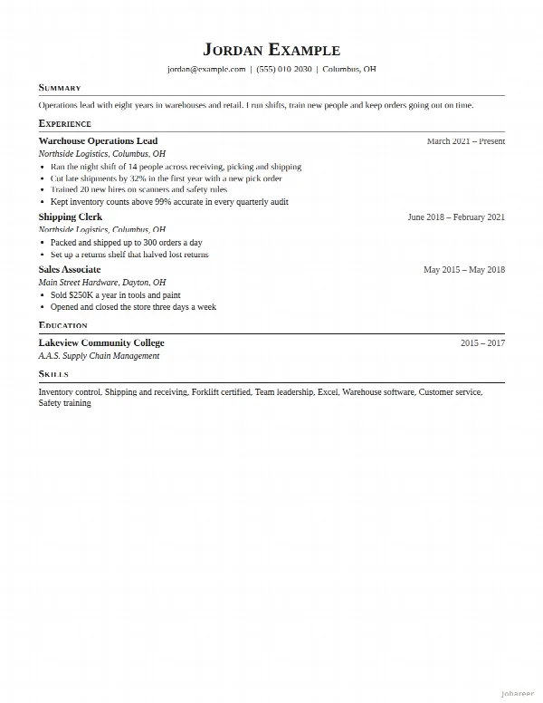 The Technical resume template, filled in with a sample resume