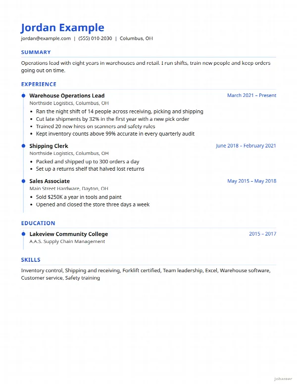 The Timeline resume template, filled in with a sample resume